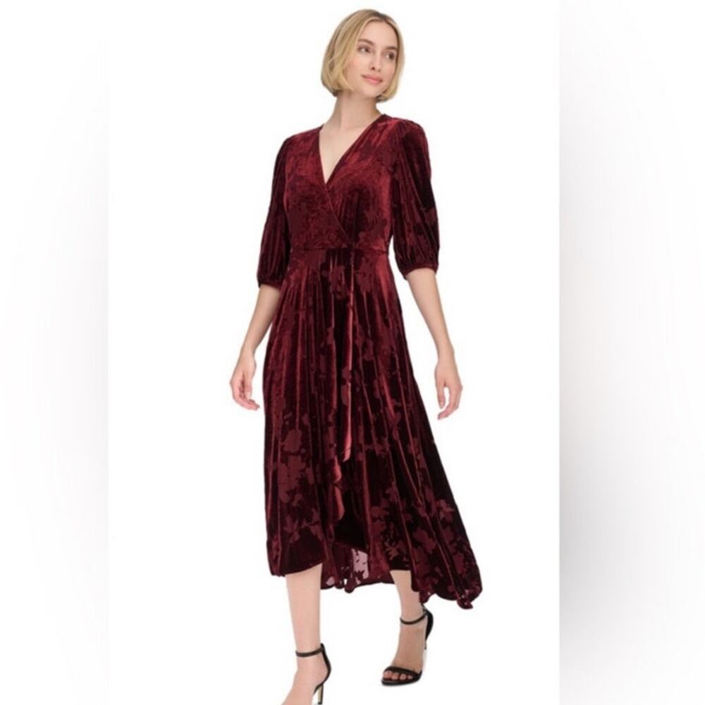 NWOT Calvin Klein Womens 8 Burnout Velvet Faux-Wrap A-Line Dress in Rosewood